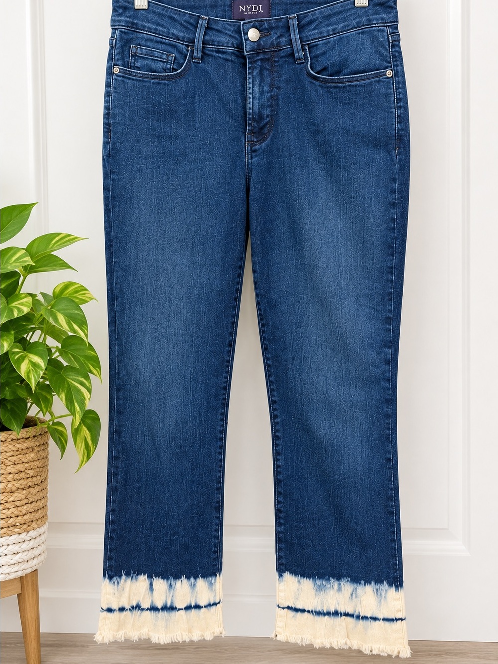 NYDJ Blue Crop Jeans with Cream Tie-Dye Fringe Hem